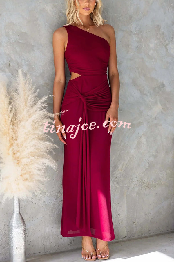 Solid Color Elegant Mesh One Shoulder Sexy Waist Hollow Out Maxi Dress