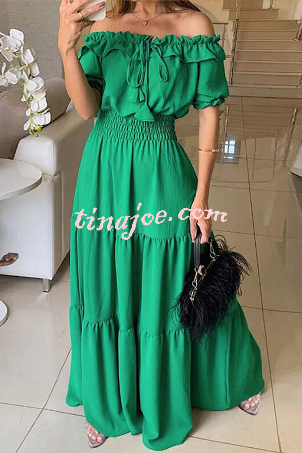 Admit Your Feelings Off Shoulder Smocked Waist Maxi Dress