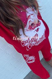 Christmas Santa Print Loose Round Neck Sweatshirt and Elastic Waist Casual Pants Set