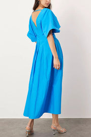 Antibes Linen Blend Princess Line Pleated Wide Puff Sleeve Midi Dress