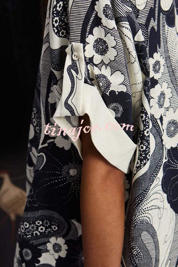 Linen Blend Lapel Short Sleeve Loose Top and Elastic Waist Casual Pocket Wide Leg Pants Set