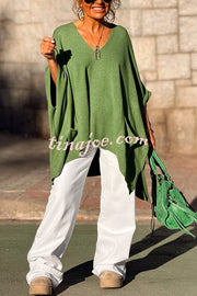 Fashion V-neck Loose Pocket Mid-length Knitted Sweater