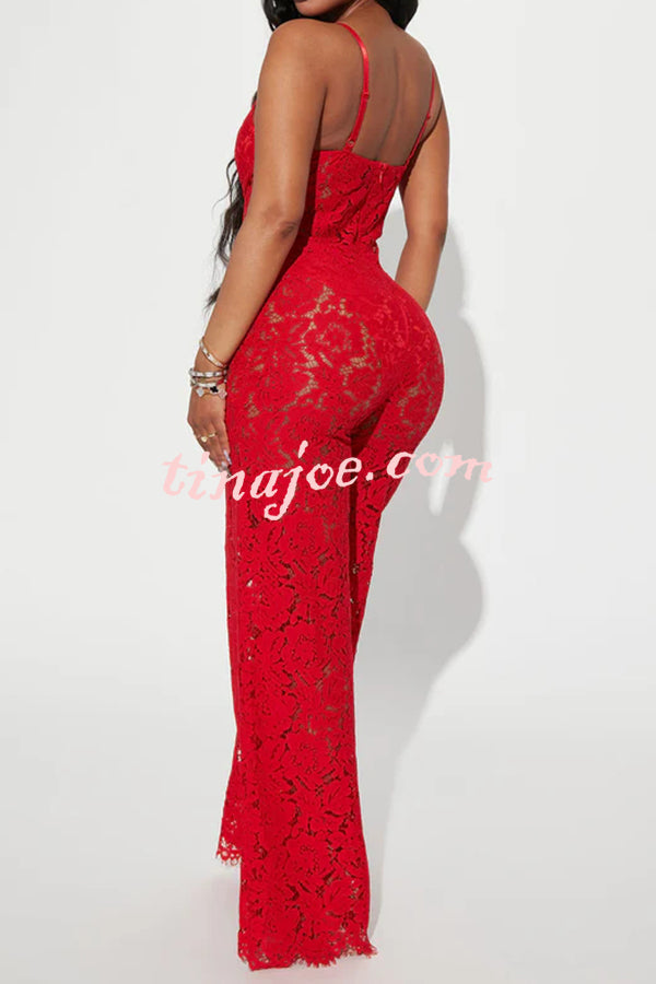 Sexy Moment Floral Lace Lined Suspender Wide Leg Stretch Jumpsuit