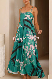 Botanical Print Square Neck Suspender Casual Full Hem Maxi Dress
