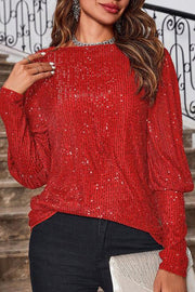 Solid Color Sequined Round Neck Long Sleeve Loose Top