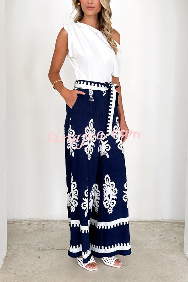 Unique Ethnic Print Belted Casual Pocket Wide Leg Pants