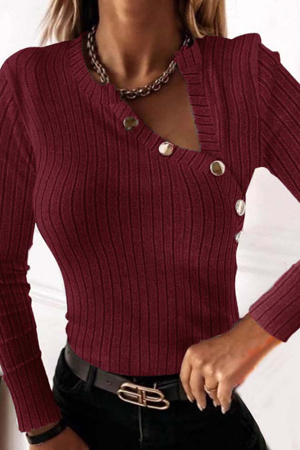 Fashionable Long-sleeved V-neck Metal Button Slim Fit Top