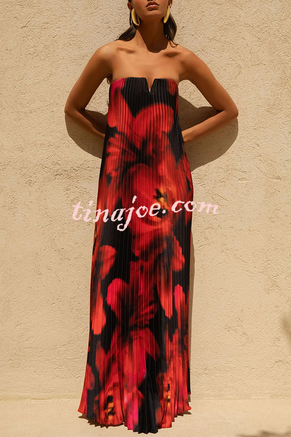 For Every Occasion Satin Pleated Floral Print V-wire Bandeau Neck Maxi Dress