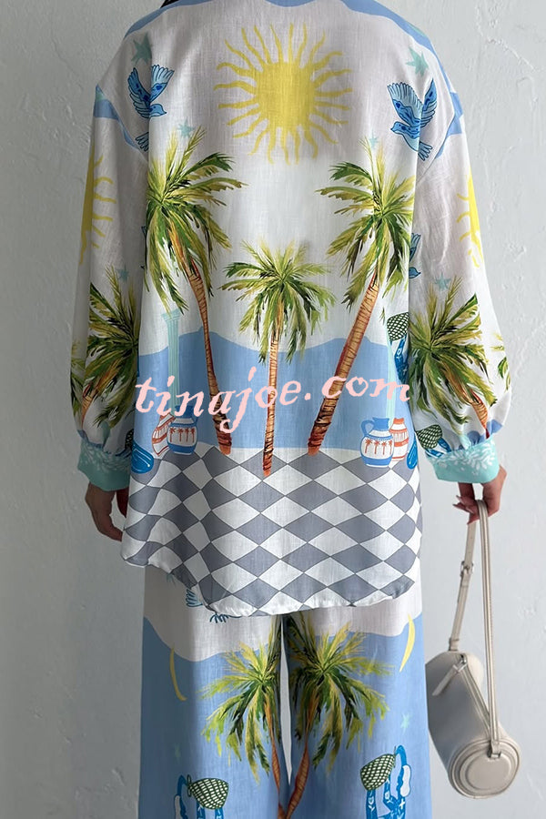 Holiday Style Print Loose Long Sleeve Shirt and Elastic Waist Loose Pocket Wide Leg Pants Set