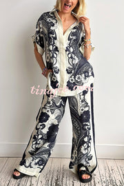 Linen Blend Lapel Short Sleeve Loose Top and Elastic Waist Casual Pocket Wide Leg Pants Set