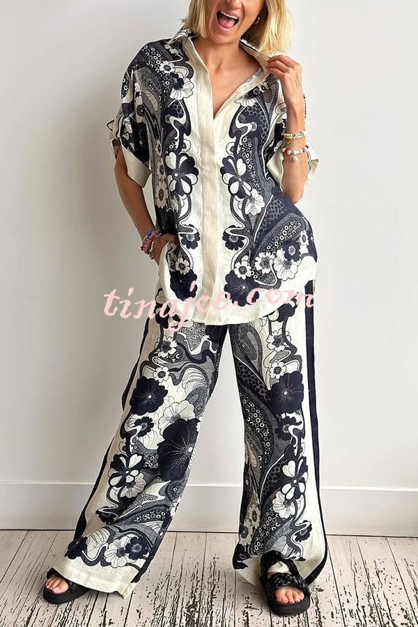 Linen Blend Lapel Short Sleeve Loose Top and Elastic Waist Casual Pocket Wide Leg Pants Set