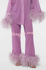 Glitter Fabric Feather Trim Long Sleeve Button Top and Elastic Waist Loose Straight Pants Set