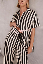 Erika Striped Casual Shirt and Elastic Waist Pocket Wide Leg Pants Set