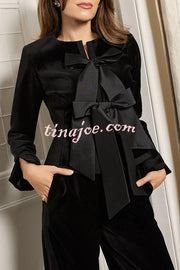 Cue The Cocktails Velvet Tailored Taffeta Bow Detail Peplum Jacket