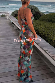 Little Mermaid Colorful Scales Print Halter Maxi Dress