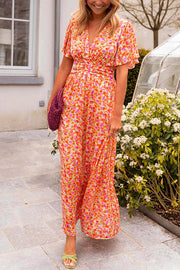 Floral Print V-Neck Short Sleeve Waist Maxi Dress