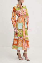 Linen Blend Unique Printed Long Sleeve Lapel Tie-waist Midi Dress