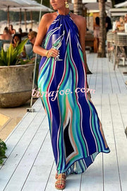 Phuket Dinner Colorful Wave Print Tassel Halter Maxi Dress