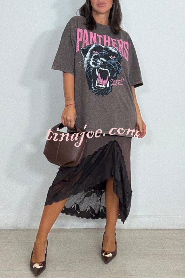 Rolen Satin Lace Patchwork Elastic Waist Irregular Hem Midi Skirt