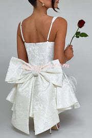 Jacquard Fabric Halter Back Elegant Bow Slim Fit Mini Dress
