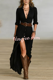 Fashion Lapel Single-breasted Waist Shirt-style Maxi Dress