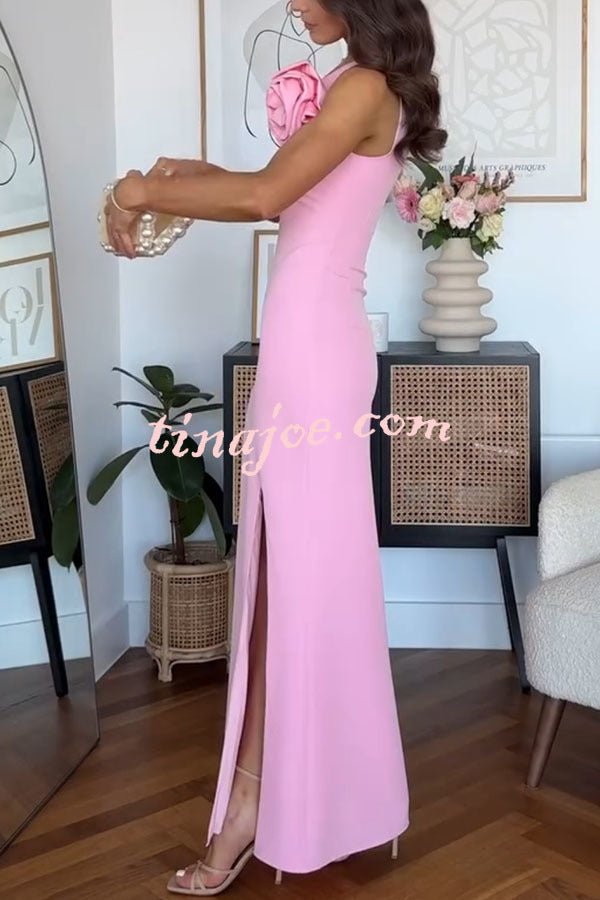 Samaya One Shoulder Detachable Rose Corsage Slit Stretch Maxi Dress