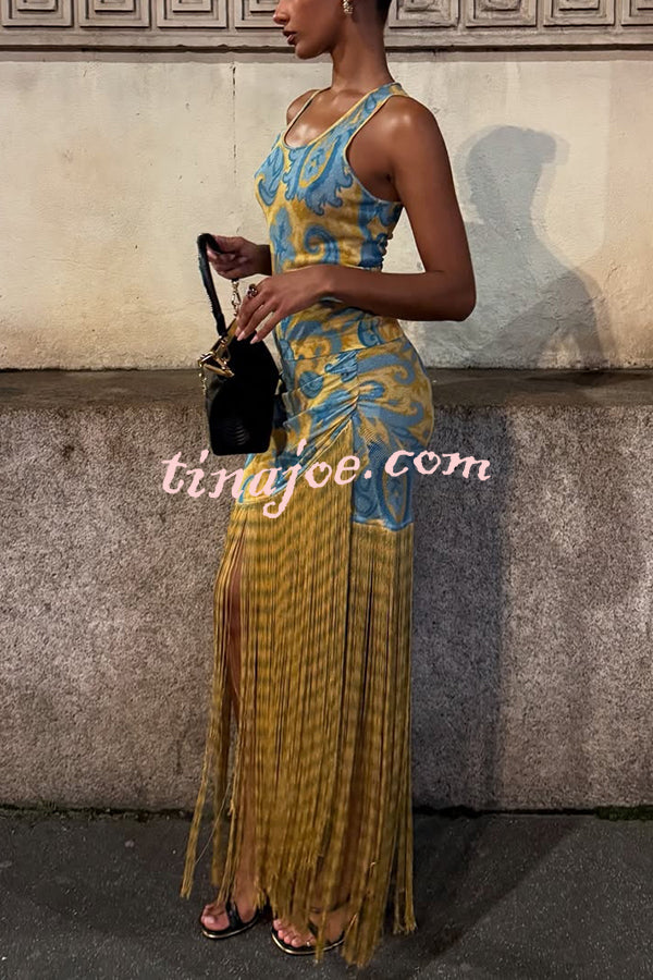 Unique Print Sleeveless Fitted Fringed Hem Maxi Dress