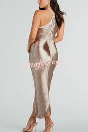 Sexy Allnight Metallic Halterneck Backless Fringed Slit Maxi Dress