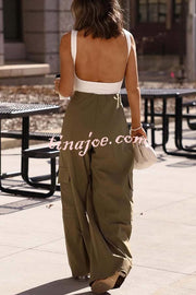 Great Week Pleated Elastic Waist Zipper Pocket Wide Leg Cargo Pants