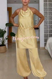Satin Solid Pocket Loose Casual Pants