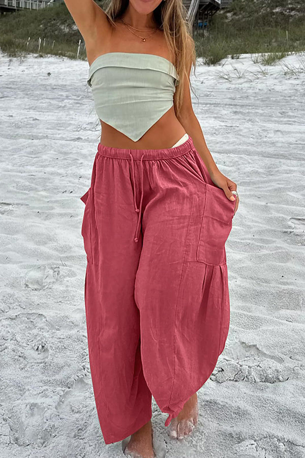 Diani Linen Blend Drawstring Waist Pocketed Loose Pants