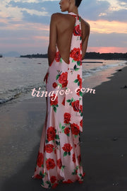 Rose Print Sexy Halter Neck Strappy Backless Slim Fit Maxi Dress