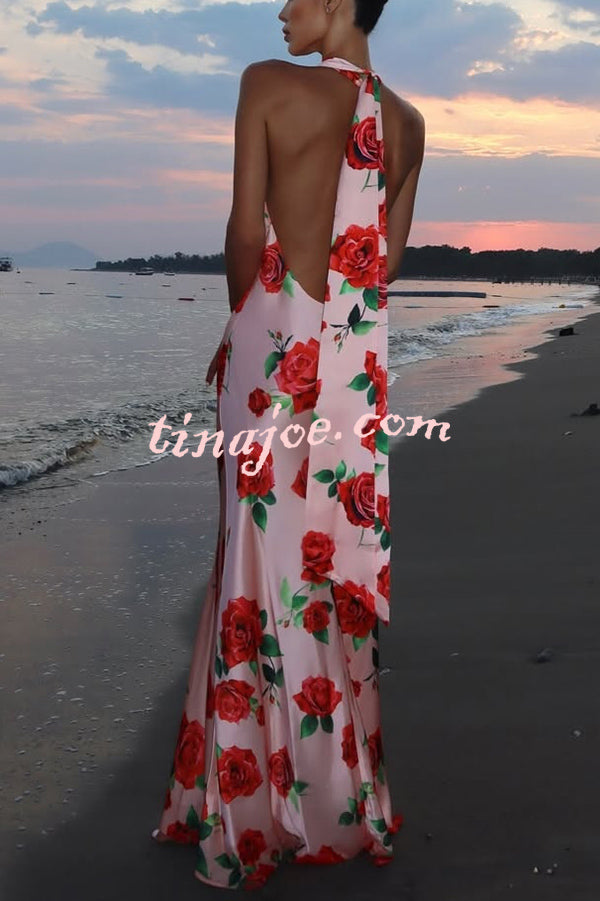 Rose Print Sexy Halter Neck Strappy Backless Slim Fit Maxi Dress