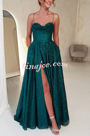 Cinderella Glitter Tulle Fabric Cowl Neck Back Lace-up Pocketed Slit Maxi Dress