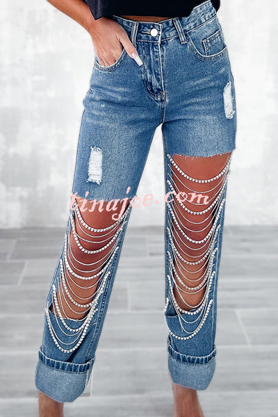 Casual Pocket Ripped Chain Embellished Straight Jeans