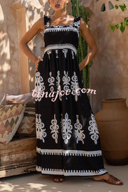 National Boho Style Unique Print Smocked Bust Wide Strap Pocket Maxi Dress