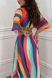 Wilma Unique Print Cutout Elastic Waist Tie-up Kimono Sleeve Maxi Dress