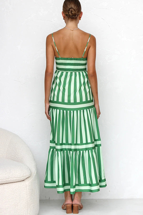 Beachy Dreams Striped Print Back Smocked Pocket A-line Slip Midi Dress