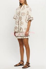Resort Style Print Lapel Short Sleeve Shirt and Casual Mini Skirt Set