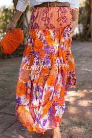 Resort Style Floral Print Elastic Waist Loose Stitching Maxi Skirt