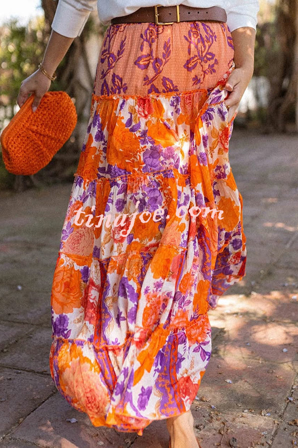 Resort Style Floral Print Elastic Waist Loose Stitching Maxi Skirt