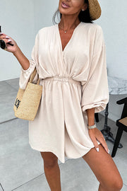 Solid Color Long Sleeve V-neck Elastic Waist Mini Dress