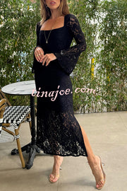 Luxe Lifestyle Lace Square Neck Bell Sleeve Lined Slit Midi Dress