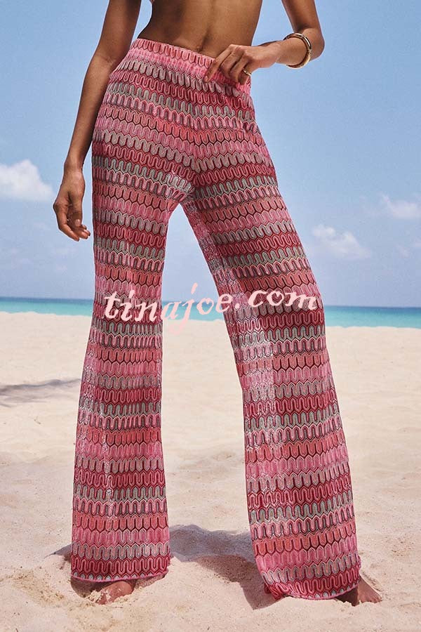 Beach Style Knit Unique Print Long Sleeve Kimono Shirt and Stretch Wide Leg Pants Set