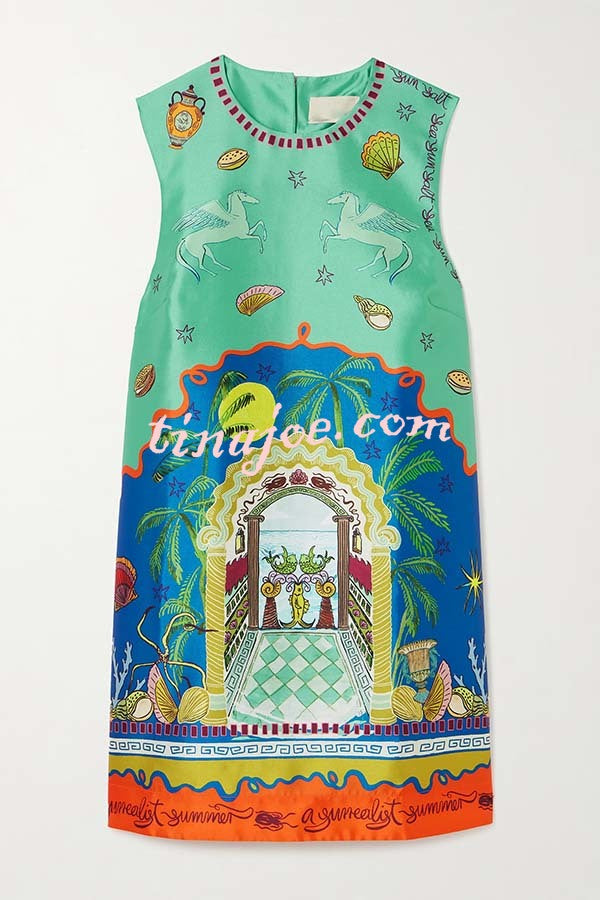 Natural Beauty Satin Unique Print Sleeveless H-line Mini Dress