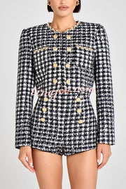 Remy Check Bouclé-tweed Fabric Pearl Trim Gold Button Long Sleeve Jacket