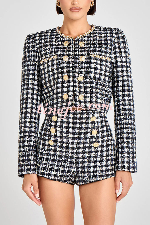 Remy Check Bouclé-tweed Fabric Pearl Trim Gold Button Long Sleeve Jacket