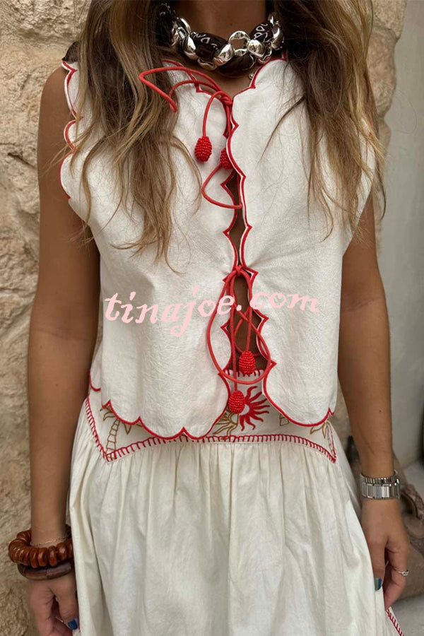 Sunny Day Linen Blend Contrast Embroidered Print Scallop Trim Lace-up Top