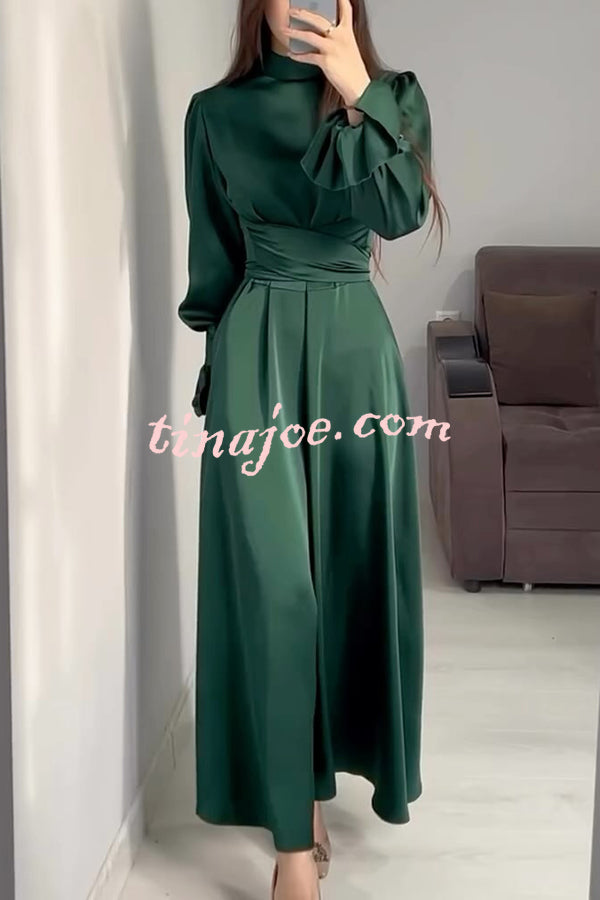 Solid Color Ruffled Sleeves Waisted Tie Slim Fit Maxi Dress