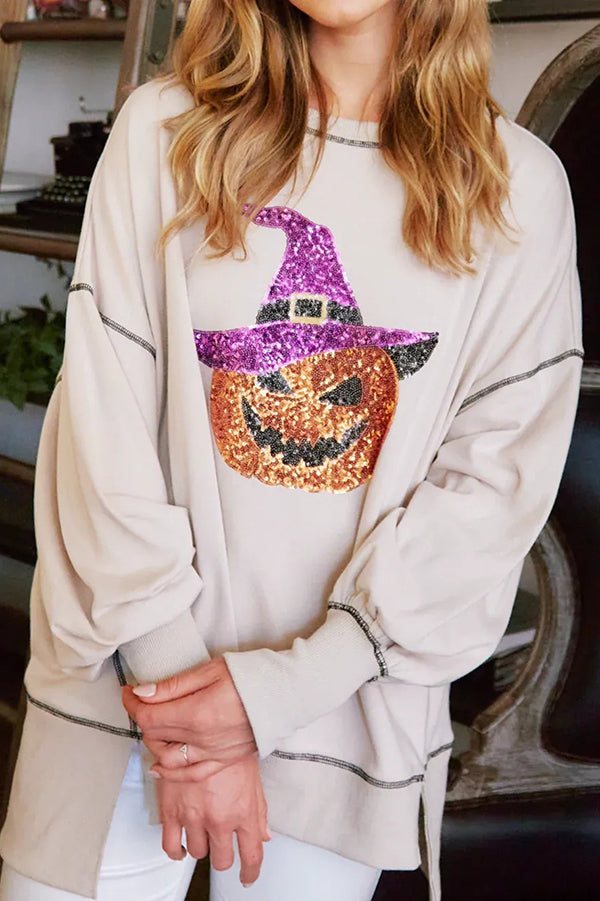 Halloween Sequined Pumpkin Loose Casual Sweatshirt